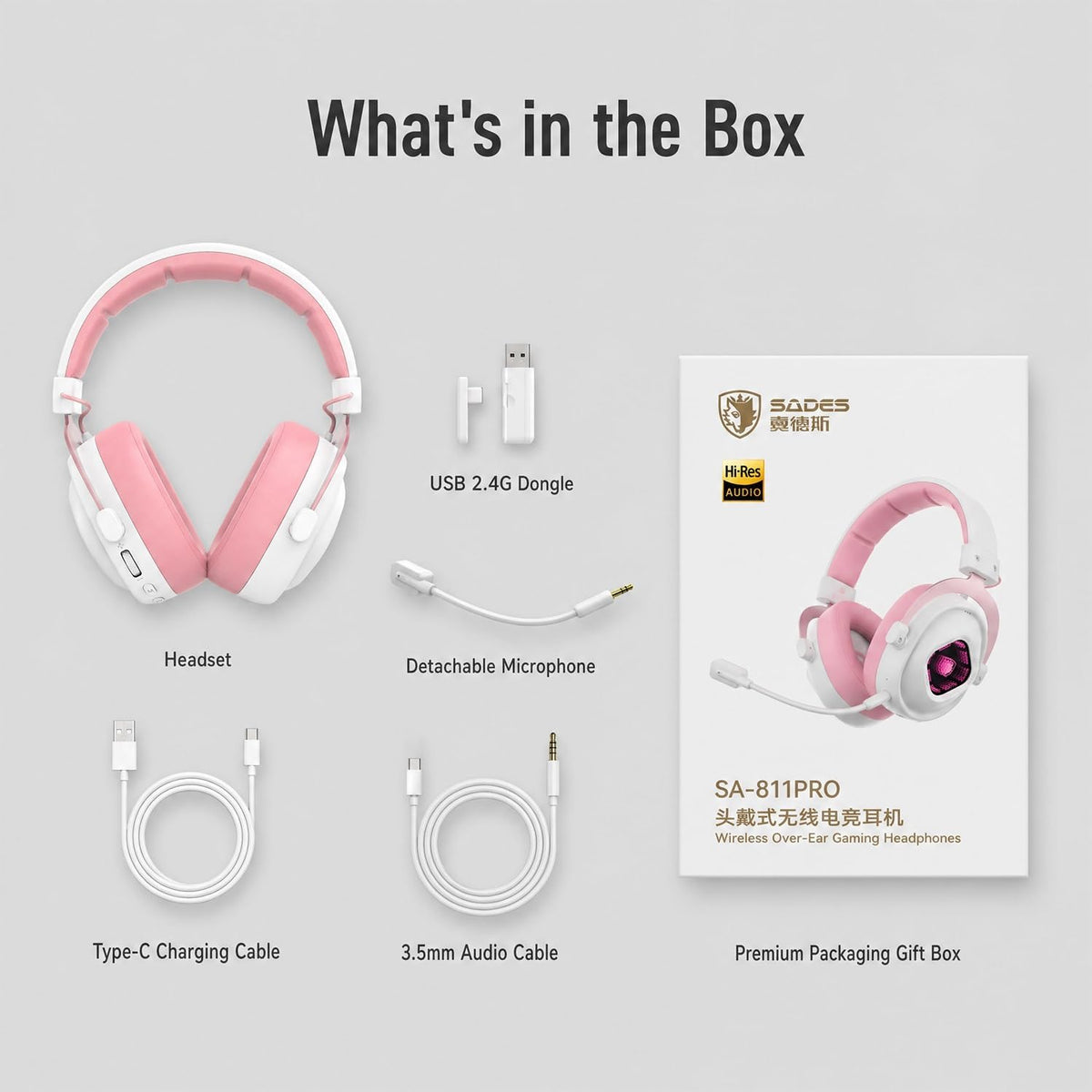 SADES Wireless Gaming Headset 7.1 Surround 90H Pink for PS5 PC Switch