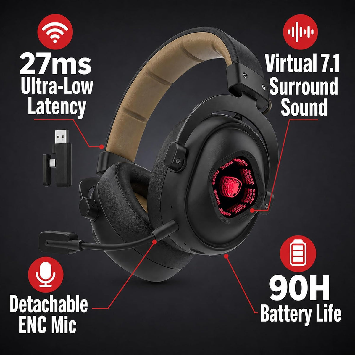 SADES Wireless Gaming Headset 7.1 Surround 90H Black for PS5 PC Switch