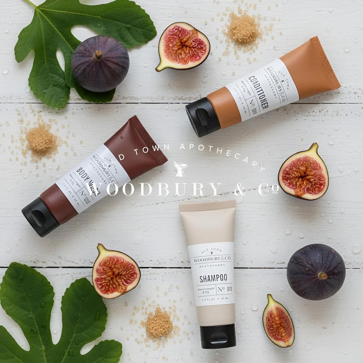 WOODBURY & CO 150 Piece Hotel Toiletries Bulk Set for Airbnb Hosts, Travel Size Shampoo, Conditioner, Body Wash, Lotion, Bar Soap, Guest Bathroom Essentials, Paraben Free, Brown Sugar and Fig Scent