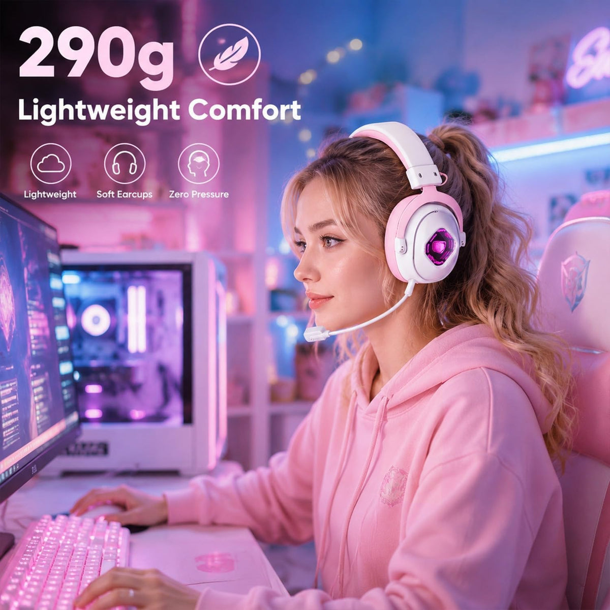 SADES Wireless Gaming Headset 7.1 Surround 90H Pink for PS5 PC Switch
