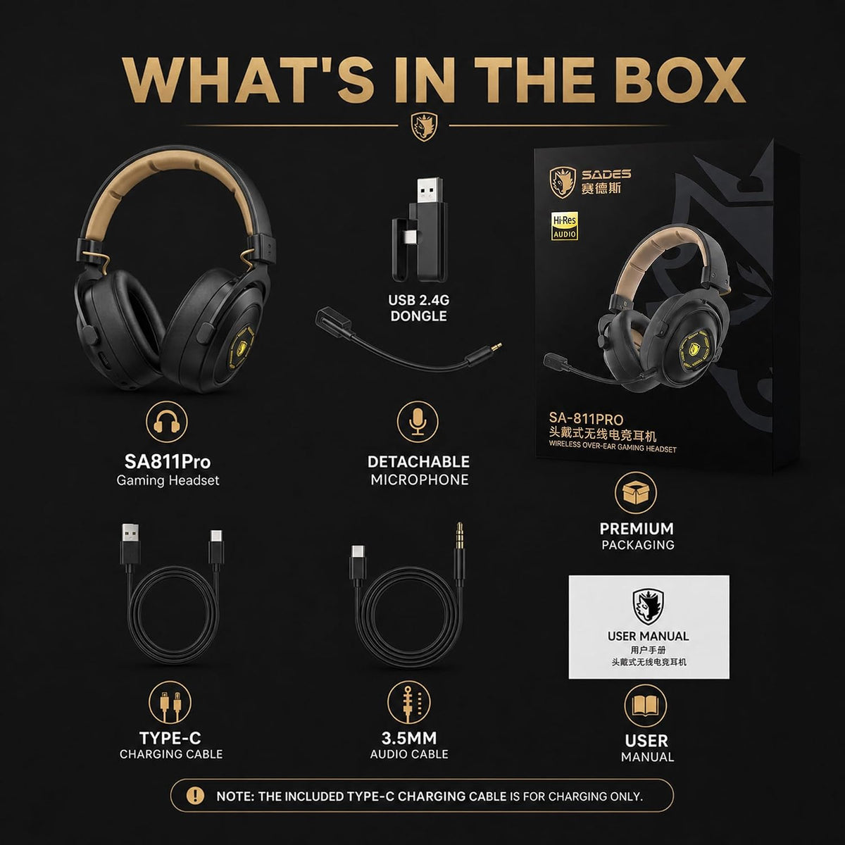 SADES Wireless Gaming Headset 7.1 Surround 90H Black for PS5 PC Switch