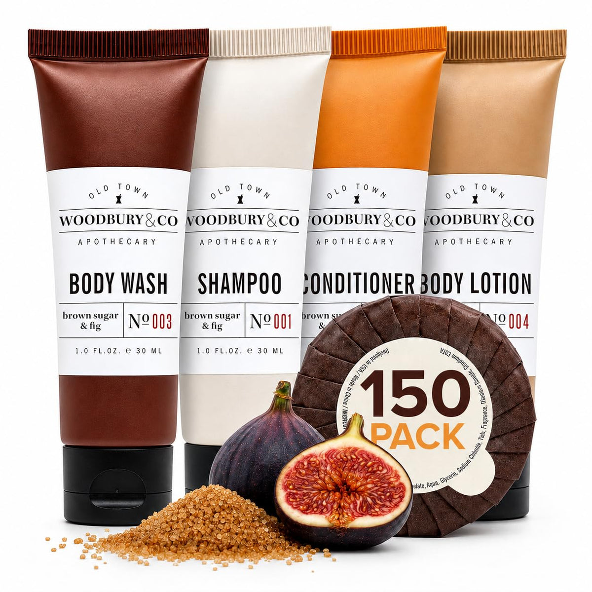 WOODBURY & CO 150 Piece Hotel Toiletries Bulk Set for Airbnb Hosts, Travel Size Shampoo, Conditioner, Body Wash, Lotion, Bar Soap, Guest Bathroom Essentials, Paraben Free, Brown Sugar and Fig Scent