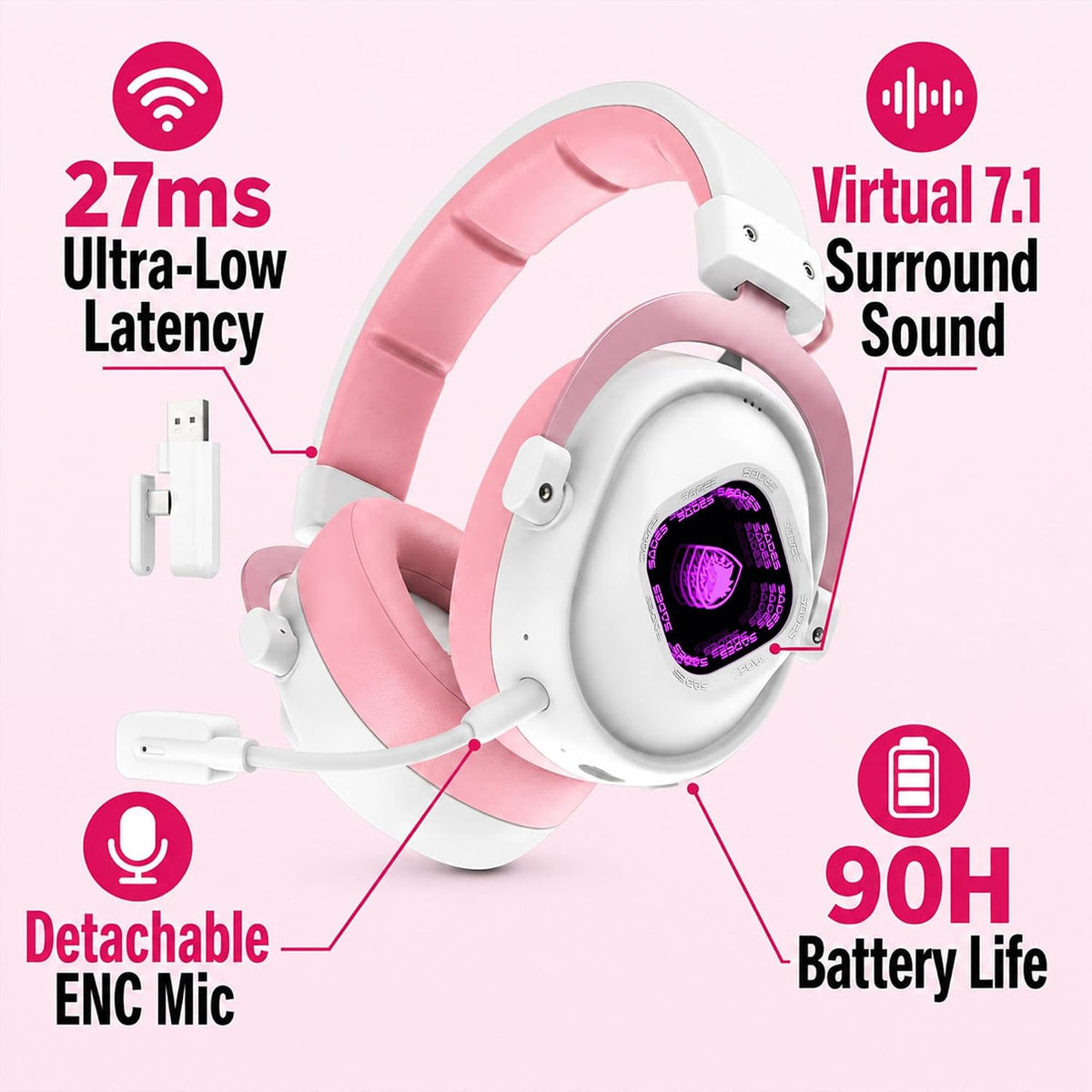 SADES Wireless Gaming Headset 7.1 Surround 90H Pink for PS5 PC Switch