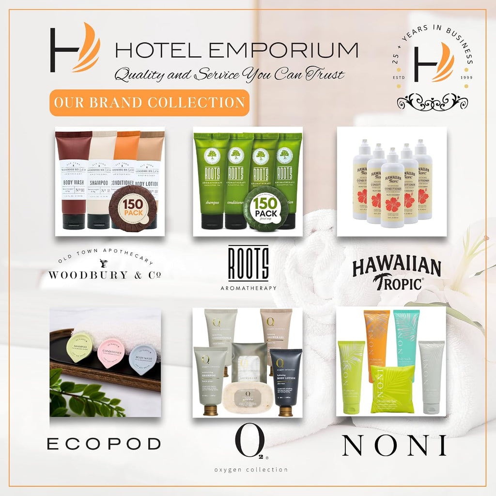 WOODBURY & CO 150 Piece Hotel Toiletries Bulk Set for Airbnb Hosts, Travel Size Shampoo, Conditioner, Body Wash, Lotion, Bar Soap, Guest Bathroom Essentials, Paraben Free, Brown Sugar and Fig Scent