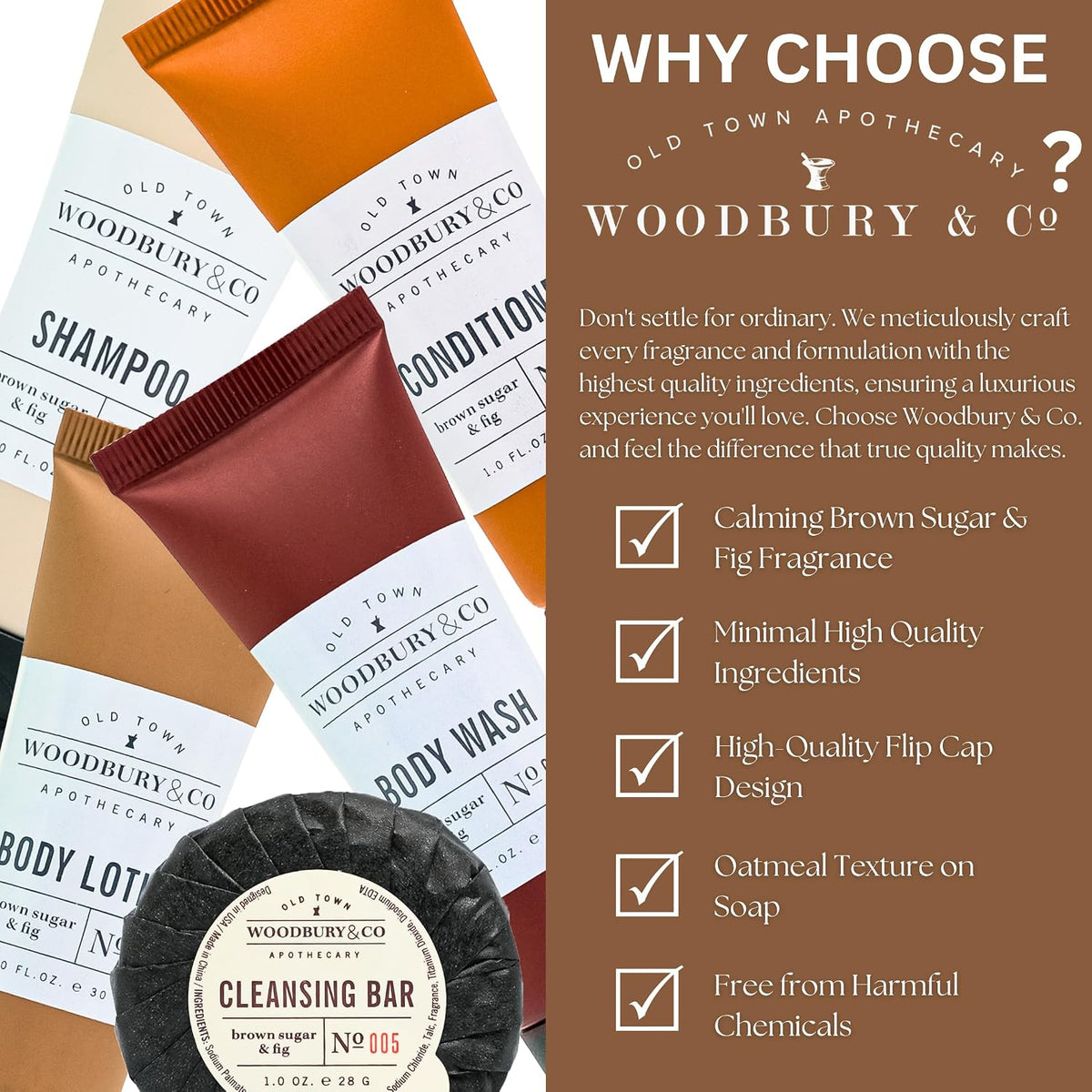 WOODBURY & CO 150 Piece Hotel Toiletries Bulk Set for Airbnb Hosts, Travel Size Shampoo, Conditioner, Body Wash, Lotion, Bar Soap, Guest Bathroom Essentials, Paraben Free, Brown Sugar and Fig Scent